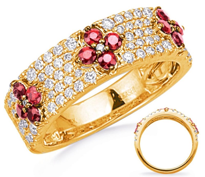 ESTATE WIDE 1.13CT DIAMOND & AAA RUBY 14KT YELLOW GOLD MULTI ROW FLOWER FUN RING
