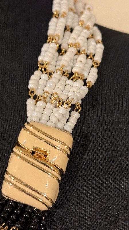Vintage 10 Strand Black/White/Gold Beaded Chunky Statement Necklace/Cream Clasp gallery