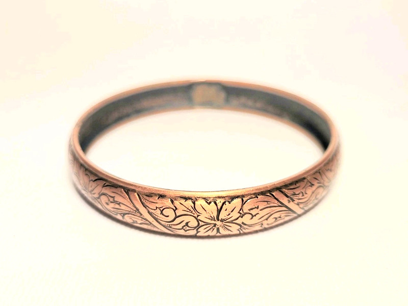 Vintage Solid Copper Etched Floral Bangle Bracelet 8″ Circumference Boho Jewelry