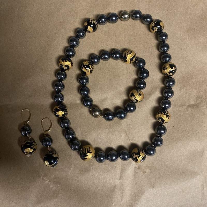 Black Onyx Chinese Embossed Dragon Necklace & Bracelet 925 Earrings Hematite