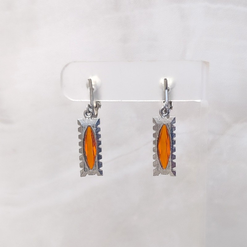 Vintage Clip On Earrings Silver Tone with Orange Gem Dangle Drop Statement Glam