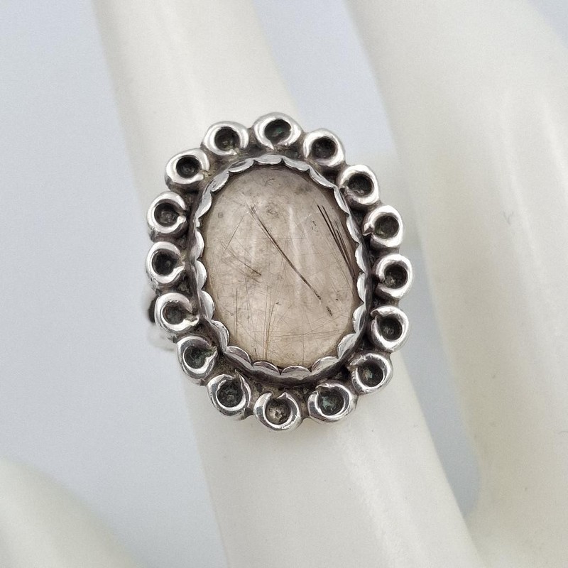 Vintage 925 Sterling Silver Oval Cabochon Rutilated Quartz Cocktail Ring sz 6.5 gallery