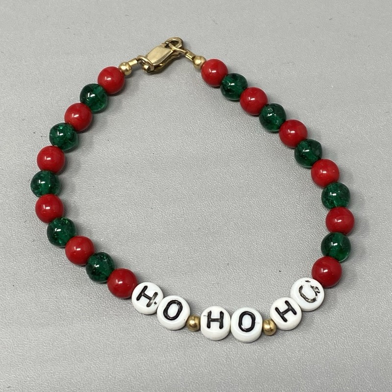 Holiday Christmas Bracelet HO HO HO Red Green Glass Bead 1/20 Gold Filled 7″