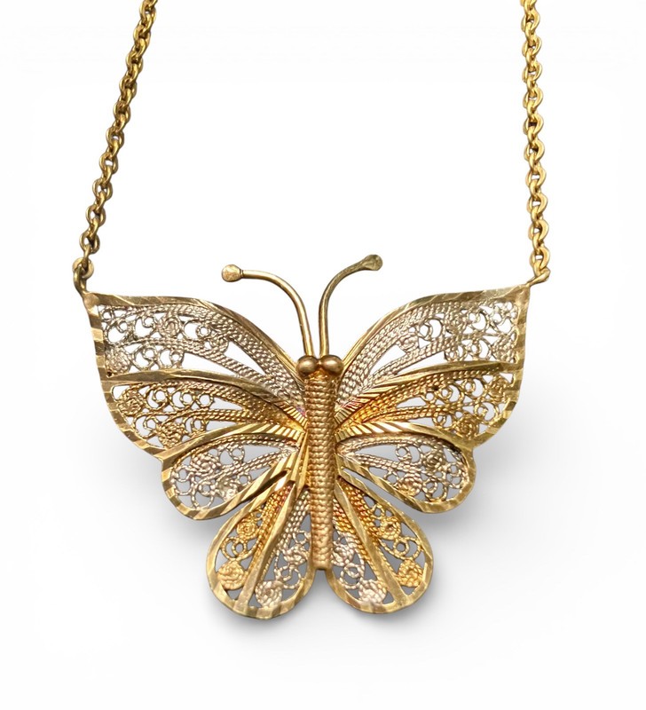 VTG Tricolor Gold Vermeil Sterling Silver Filigree BUTTERFLY Necklace 17” TURKEY