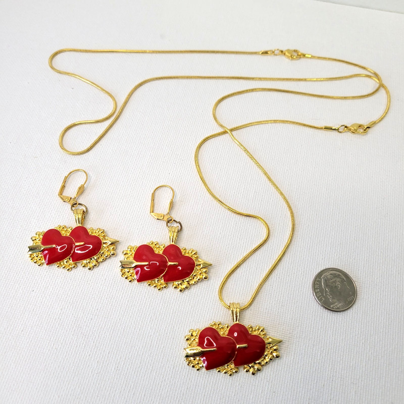 Vtg 1995 BG Bergdorf Goodman Hearts Red enamel Necklace Earrings Set LOVE estate