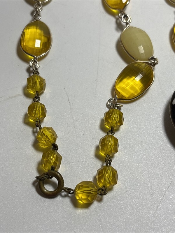 Vintage Cloisonne Pendant With Faux Yellow Plastic Gem Necklace 29" Long gallery