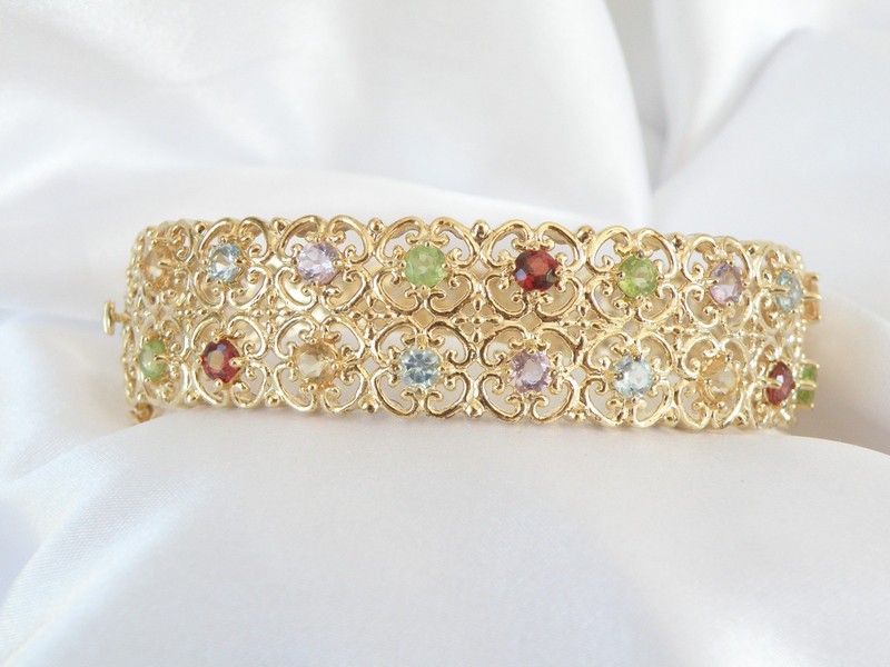 Sterling Silver 925 Gold on Natural Gemstone Statement Bracelet