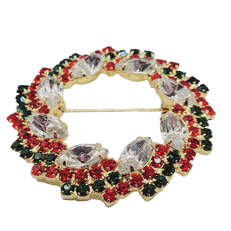 Christmas Wreath with Sparkling Rhinestones Clear Red Green Gold Tone Brooch Pin gallery