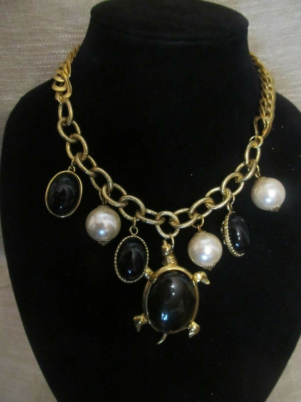 Vintage Turtle and Pearl Charm Statement Necklace-A Repurposed Original! OOAK!