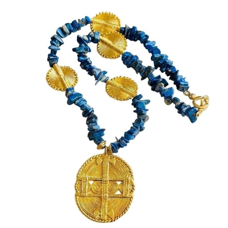 Egyptian Revival Lapis Lazuli Blue Necklace VtG BOHO Beaded Natural Stone 21″