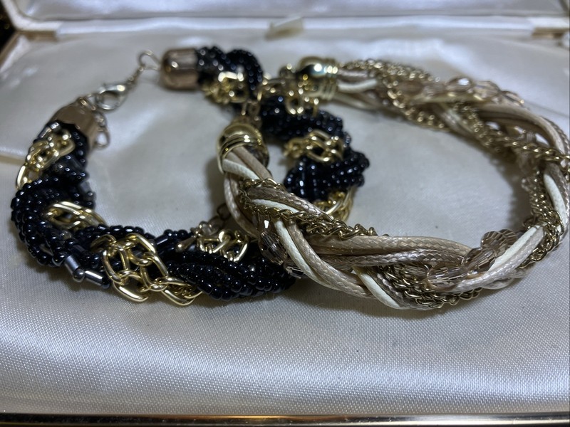 Vintage Gold Tone Multi Chain Twisted, Beaded Crystal Bracelets Black White Gold