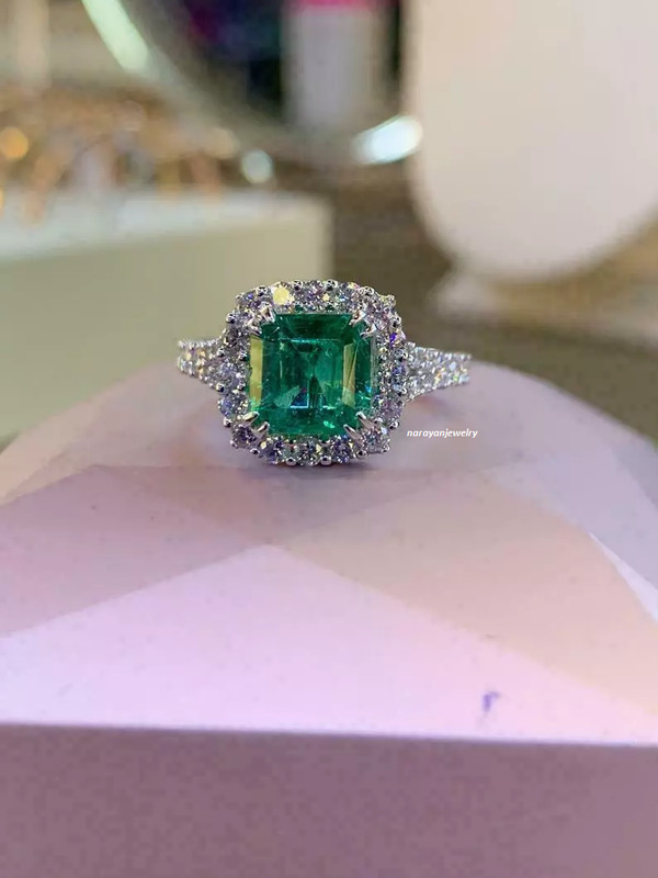 2Ct Emerald Simulated Green Emerald Halo Engagement Ring 14K White Gold Plated gallery