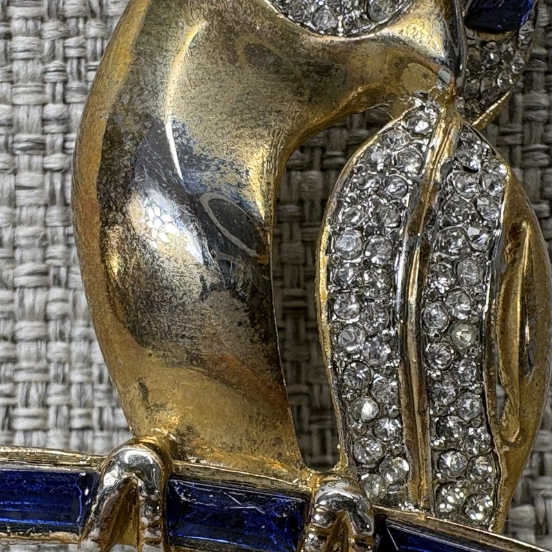 Vintage Gold Tone Owl Brooch Blue Baguette Eyes Rhinestone Pave Figural Pin gallery