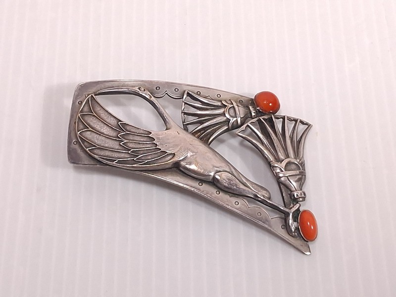 RARE Art Deco Era PIEL FRERES Bird Stork Fans Belt Buckle Converted To Brooch
