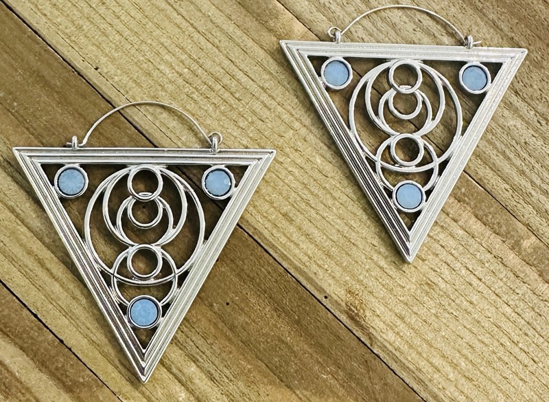 Geometric Triangle Circle Dangle Earrings Blue Silver Tone Modern 2 3/4”