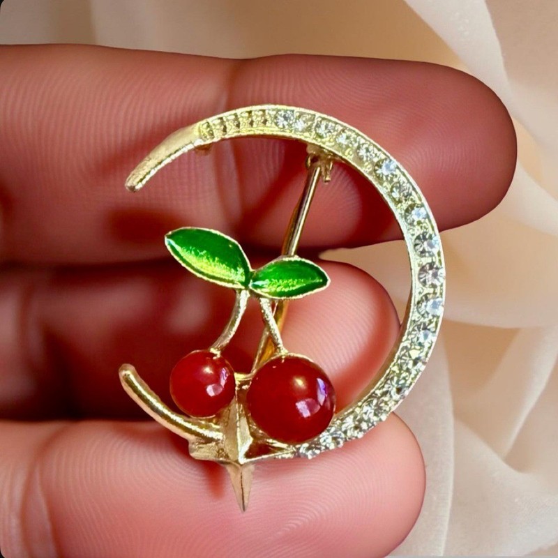 Gold Tone Brooch with Red Cherry & green leaf Moon Rhinestone pin Jewelry