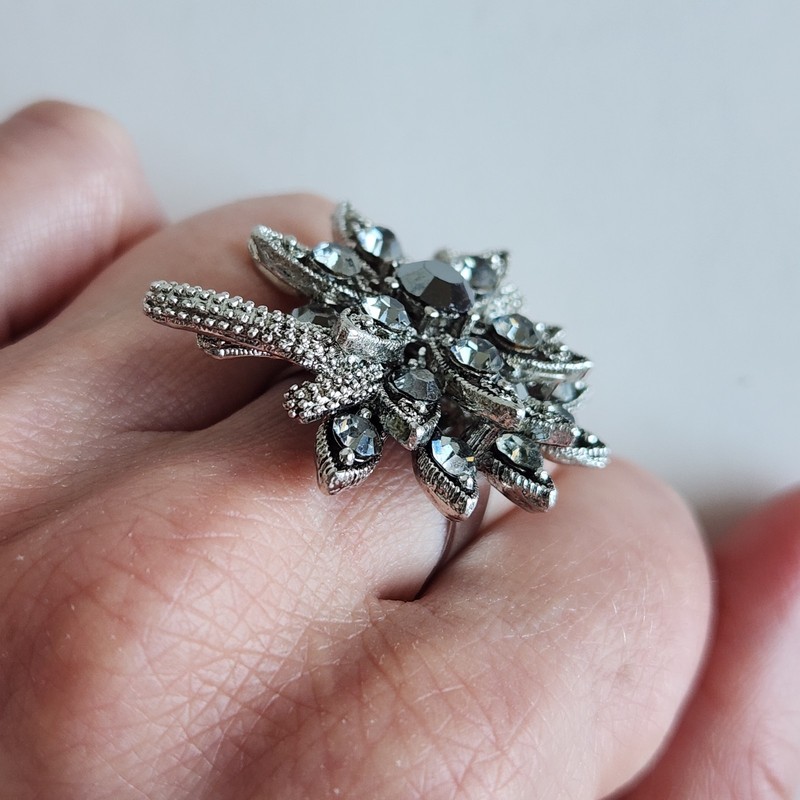 Adjustable Silver Tone Floral Rhinestone Statement Ring Smoky Crystal gallery