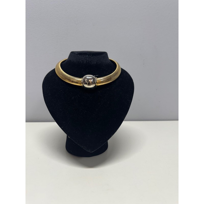 Vintage Two Tone Gold Silver Ball Omega Chain Choker Necklace Gas Pipe Collar