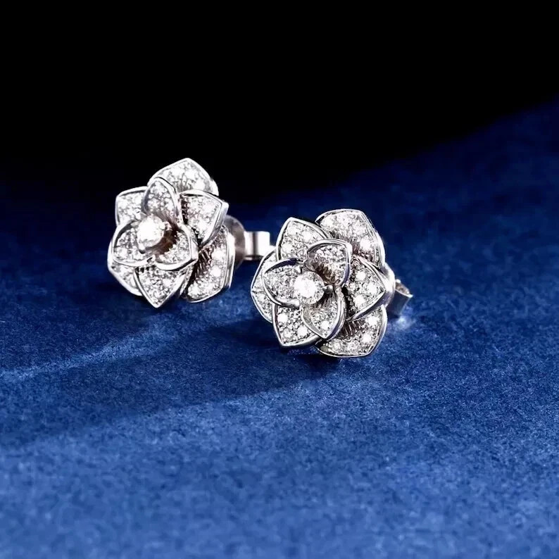 Art Deco Style Lab Created Diamond Flower Stud Earrings 14K White Gold Finish