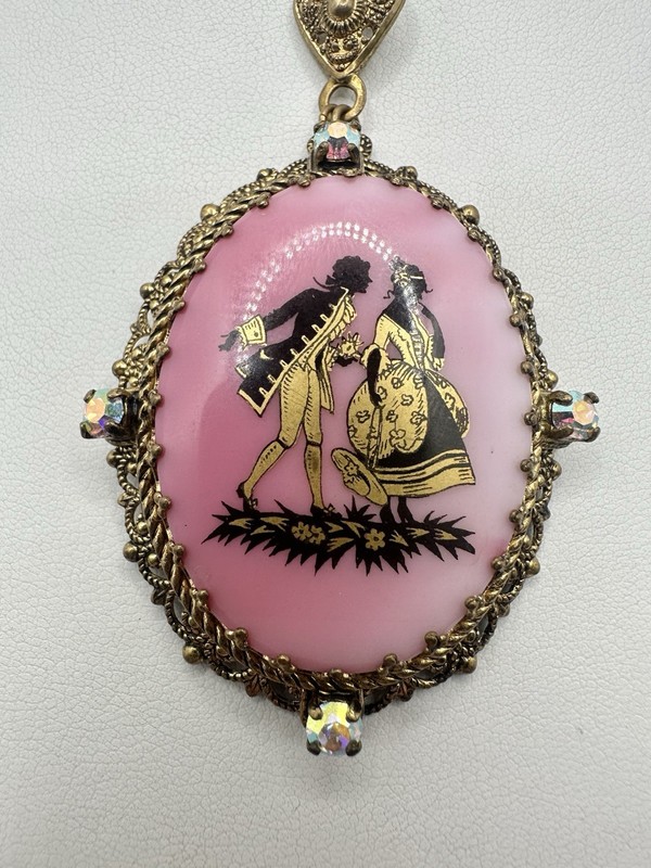 VTG Antique West Germany Couple Painted Bright Pink 32in Necklace Signed Read gallery