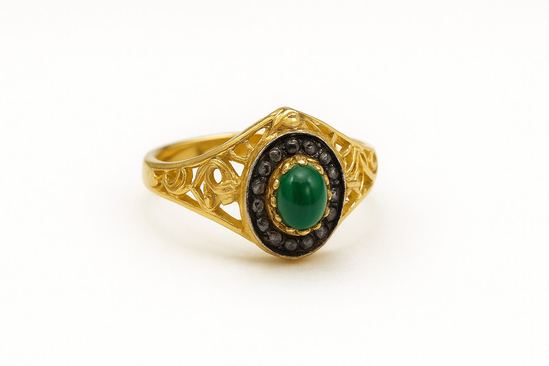 Natural Emerald & Diamond Ring, 14k Gold Plated Victorian Jewelry Gift For Her