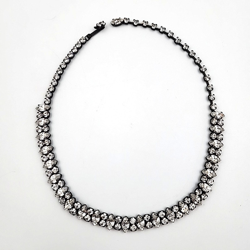 Weiss Clear Rhinestone Choker Necklace 16" Black Back Marquis Round Crystal gallery