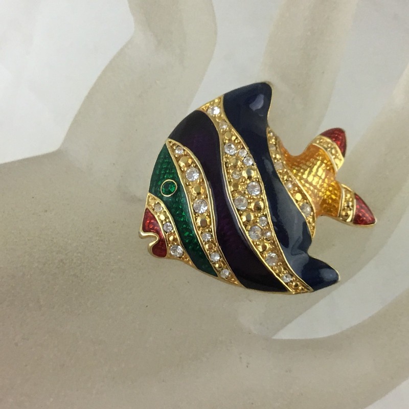 VINTAGE GOLD PLATED BROOCH/PIN NAVY BLUE/PURPLE/GREEN ENAMEL GLASS FISH gallery