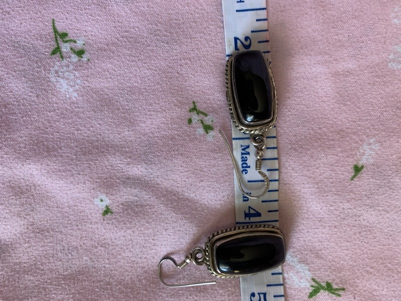 Vintage Sterling Silver Large Black Round Onyx Cabochon Drop Dangle Earrings gallery