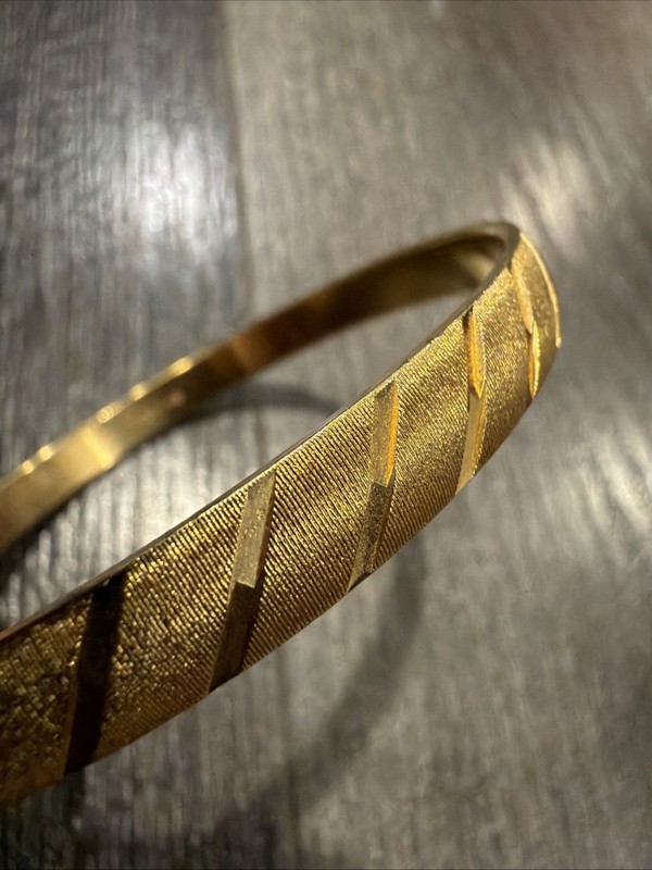 Vintage MONET Brushed Gold-Tone Bangle Bracelet Etched Diagonal Stripes 1970/80s