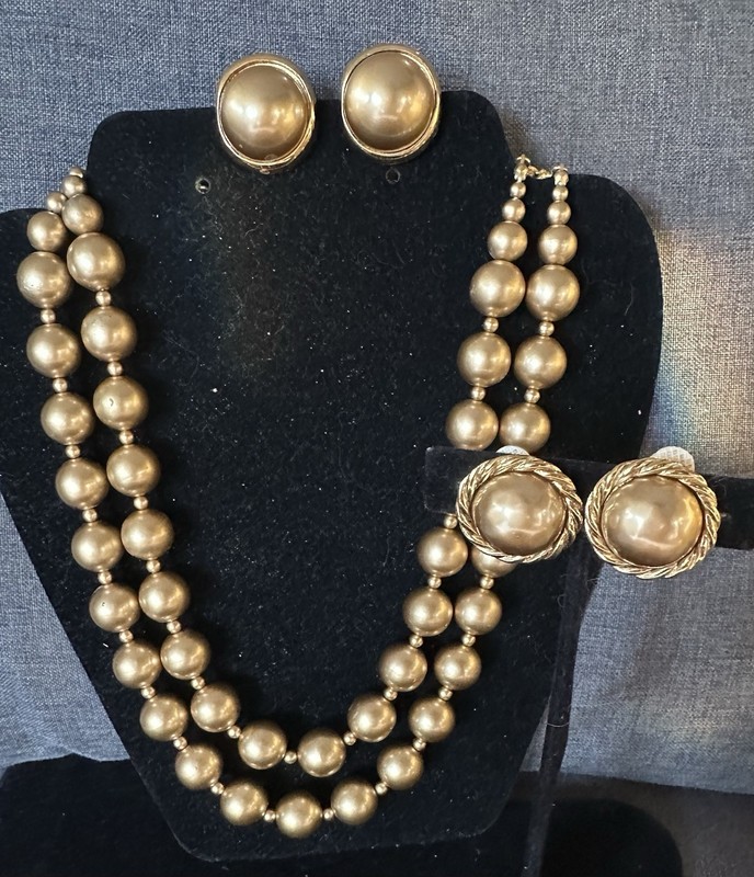 Vintage Carolee 2 Strand Matte Gold Necklace & Dangle Drop Clip On Earrings Set