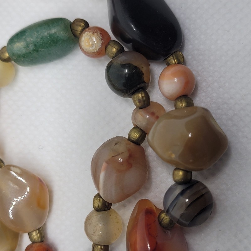 1960s High End 36" Semi-precious Gemstone Tumbled Polished Necklace Brass Barrel gallery