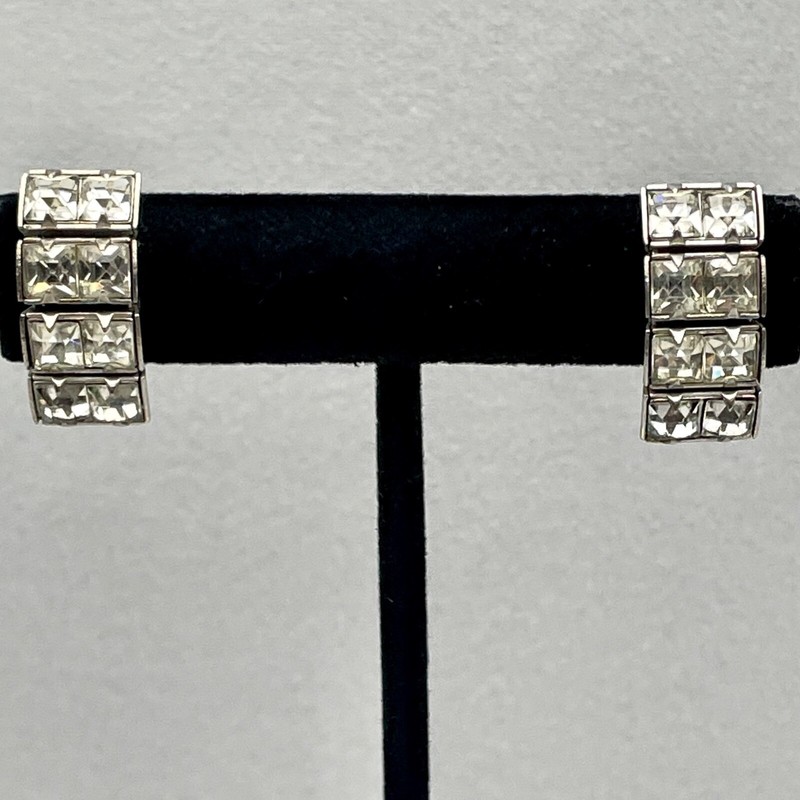 Vtg Rhinestone Earrings Deco Revival 40s-50s Channel Set Silver Tone Screw Back gallery