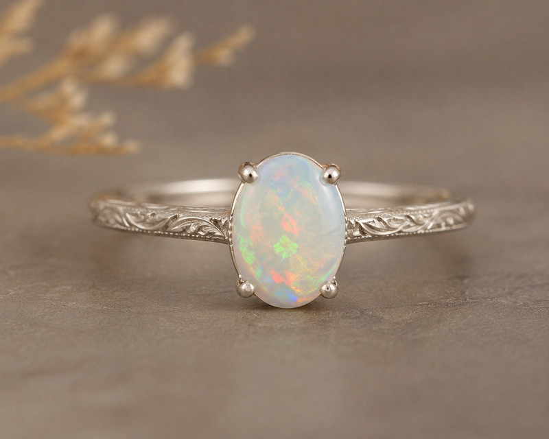 Natural Ethiopian Opal Ring 6×8 mm Sterling Silver Vintage Engraved Dainty Gift