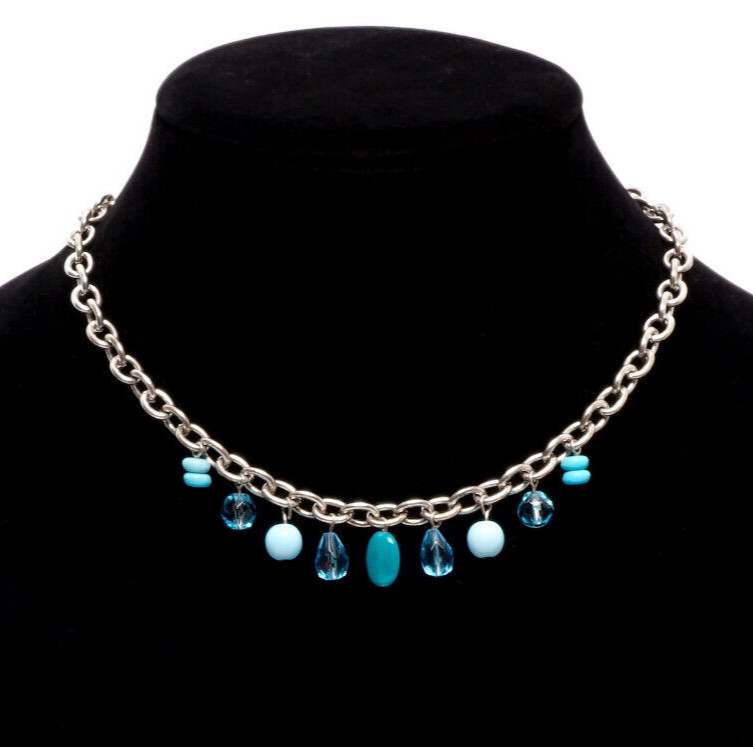 Necklace Aquamarine and Faceted Glass Crystals Silver Tone Chain Vintage