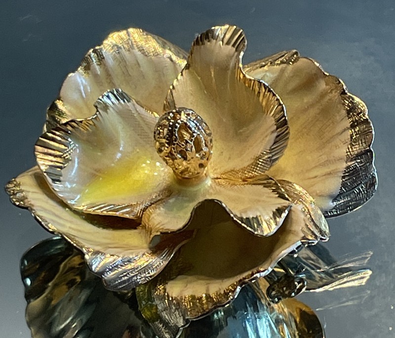 Vintage Brooch Pin 2” Layered Yellow And GoldTone Flower Filigree Center W02