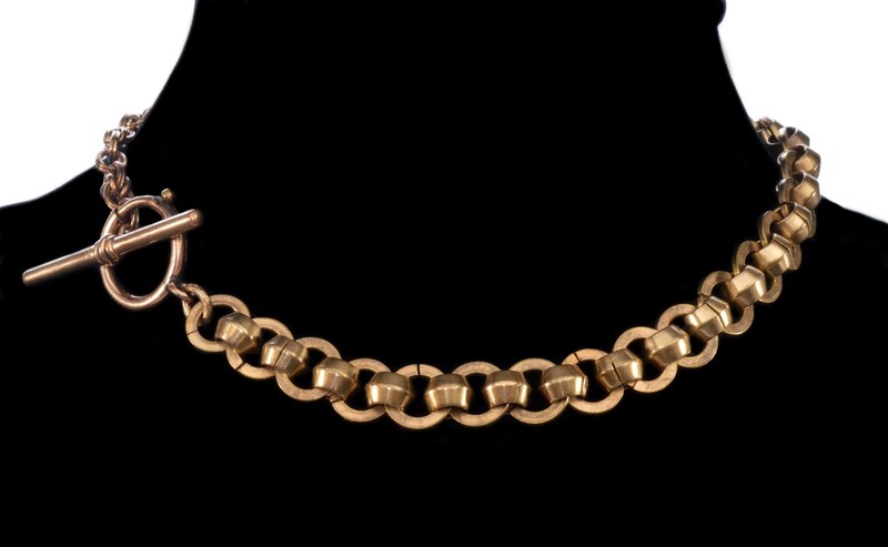 VICTORIAN GF HEAVY FANCY WATCH CHAIN NECKLACE LARGE BOLT CLASP C.1890