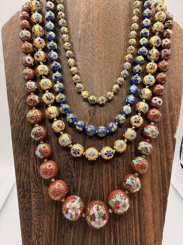 Lot 4 Vintage Cloisonné Enamel Beaded Necklaces Knotted Chinese Floral Beads