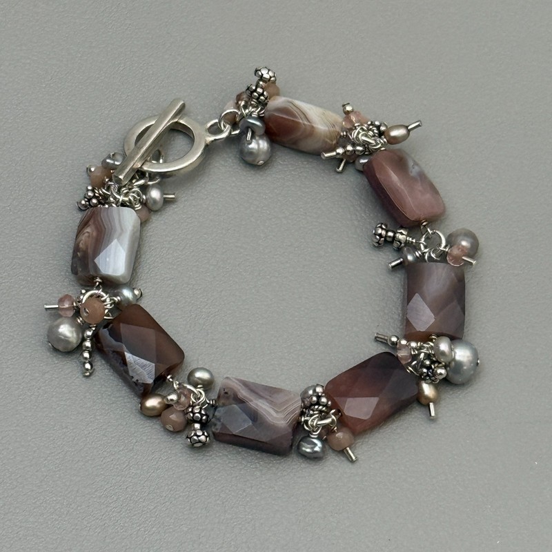 Artisan 925 Sterling Silver Banded Agate Pearl Bracelet Toggle Clasp 7" Vintage gallery