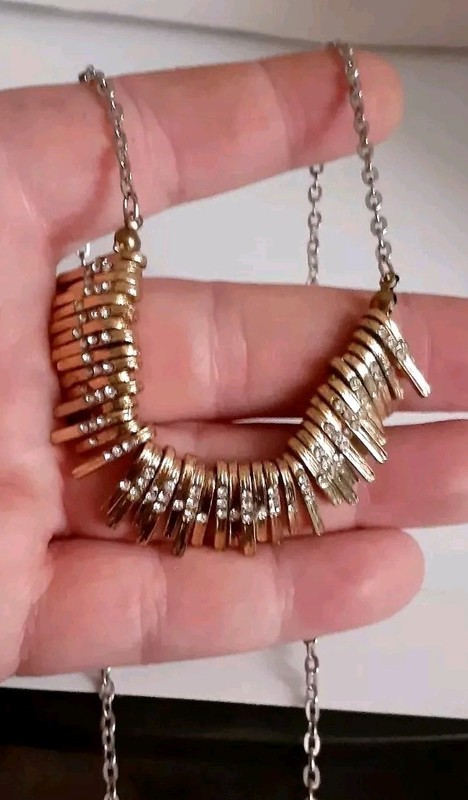 Vintage Rhinestone accent Gold Tone fringe Bib Necklace Silvertone Chain 26 in”