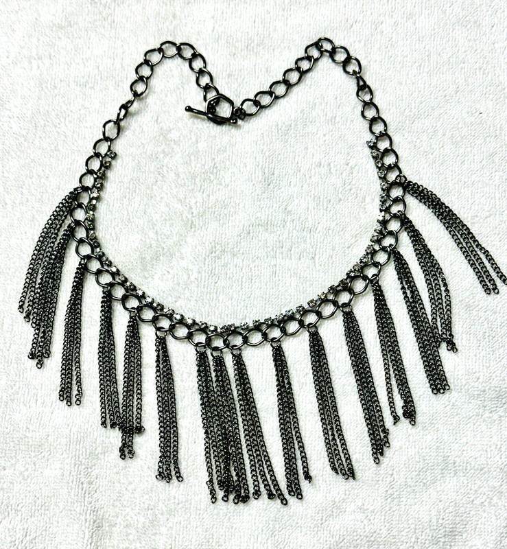 Silver Tone Chain Necklace Tassel Bib Rhinestone Accents n956 gallery