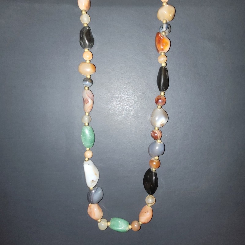 1960s High End 36" Semi-precious Gemstone Tumbled Polished Necklace Brass Barrel gallery