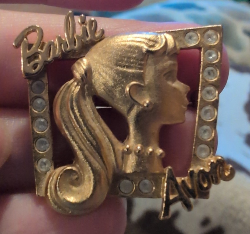 Vintage Avon Barbie 1998 Brooch Pin Goldtone Metal White Faceted Rhinestones