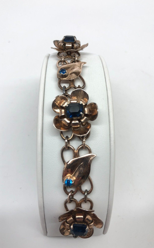 Vtg Sterling silver Vermeil bracelet Flower & leaf links Blue Stones Unsigned 7”