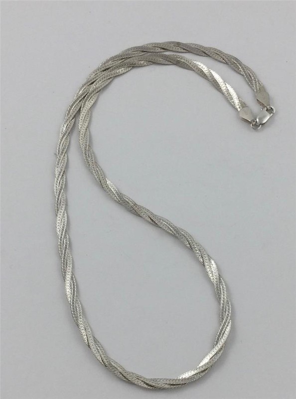 Vintage Italy Sterling Silver Braided Herringbone Link Necklace 18″ Long