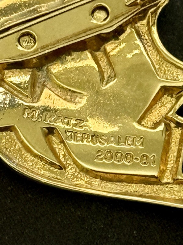 2 Gold Plated Judaica Brooches - Signed M. Katz - Jerusalem 99-2000 & 2000-01 gallery