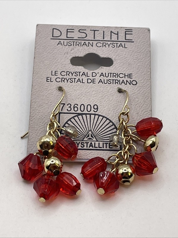 Earrings Austrian Crystal Red Acrylic Gemstones Gold Tone Hook Dangle Jewelry