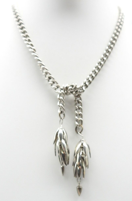 Silver Tone Metal Wheat Dangle Lariat Chain Necklace Vintage