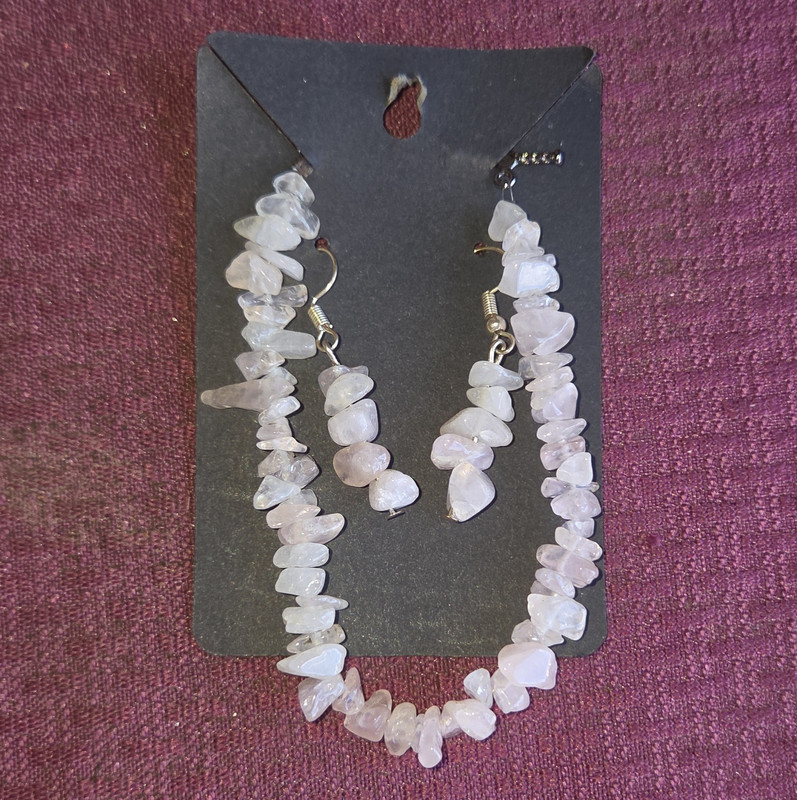 Rose Quartz Pink Chip Bead Necklace & Dangle Earrings Women’s Jewelry Set