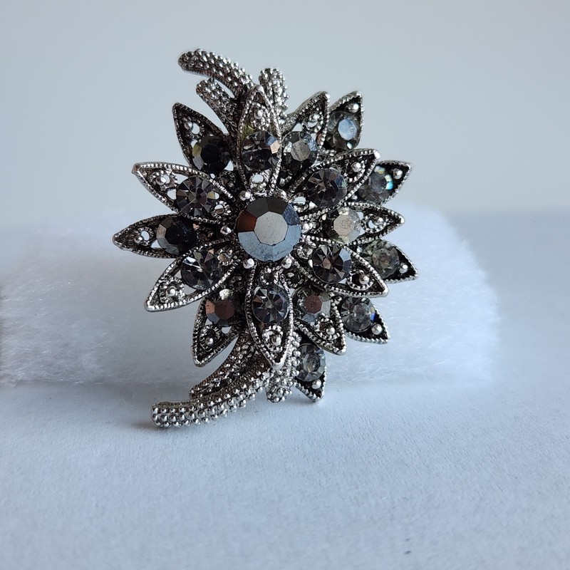 Adjustable Silver Tone Floral Rhinestone Statement Ring Smoky Crystal gallery