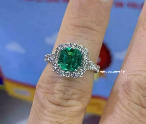 2Ct Emerald Simulated Green Emerald Halo Engagement Ring 14K White Gold Plated gallery